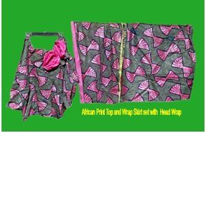 African Print Top and Wrap Skirt set with  Head Wrap